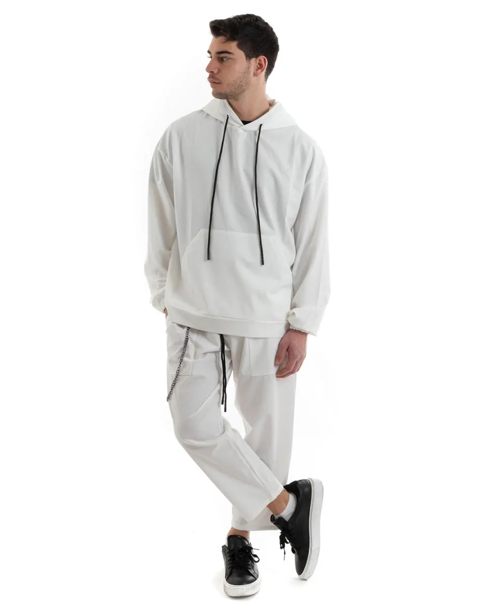 Completo Tuta Uomo Bianco Viscosa Relaxed Fit Felpa Con Cappuccio Pantaloni GIOSAL-OU2249A