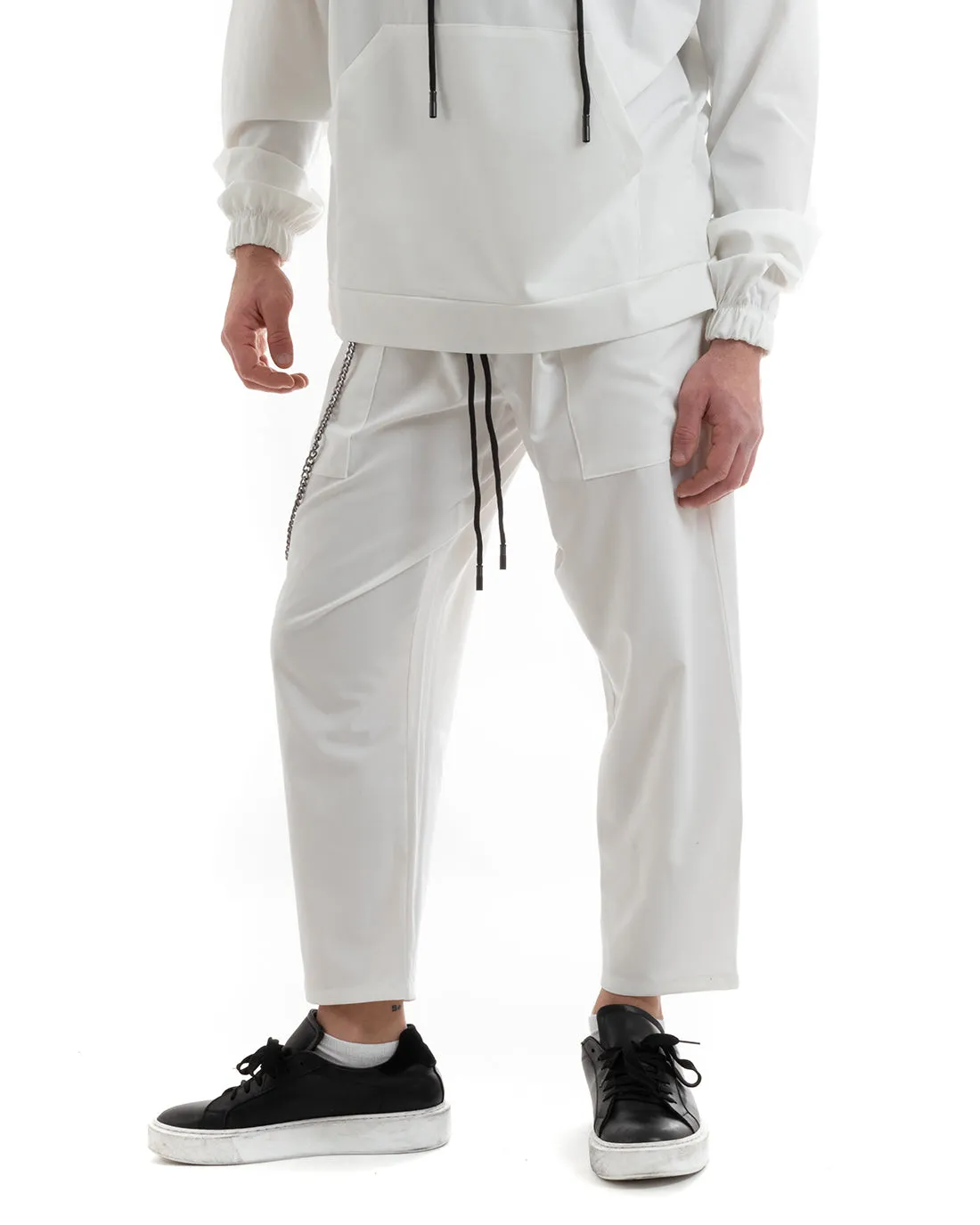 Completo Tuta Uomo Bianco Viscosa Relaxed Fit Felpa Con Cappuccio Pantaloni GIOSAL-OU2249A