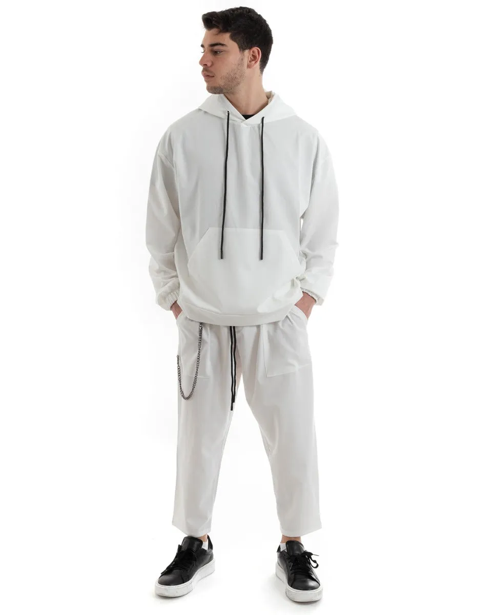 Completo Tuta Uomo Bianco Viscosa Relaxed Fit Felpa Con Cappuccio Pantaloni GIOSAL-OU2249A