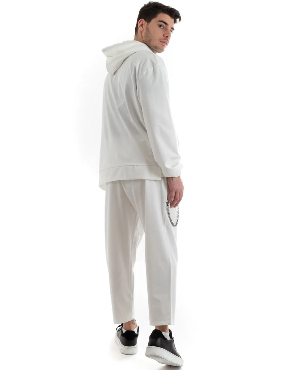 Completo Tuta Uomo Bianco Viscosa Relaxed Fit Felpa Con Cappuccio Pantaloni GIOSAL-OU2249A