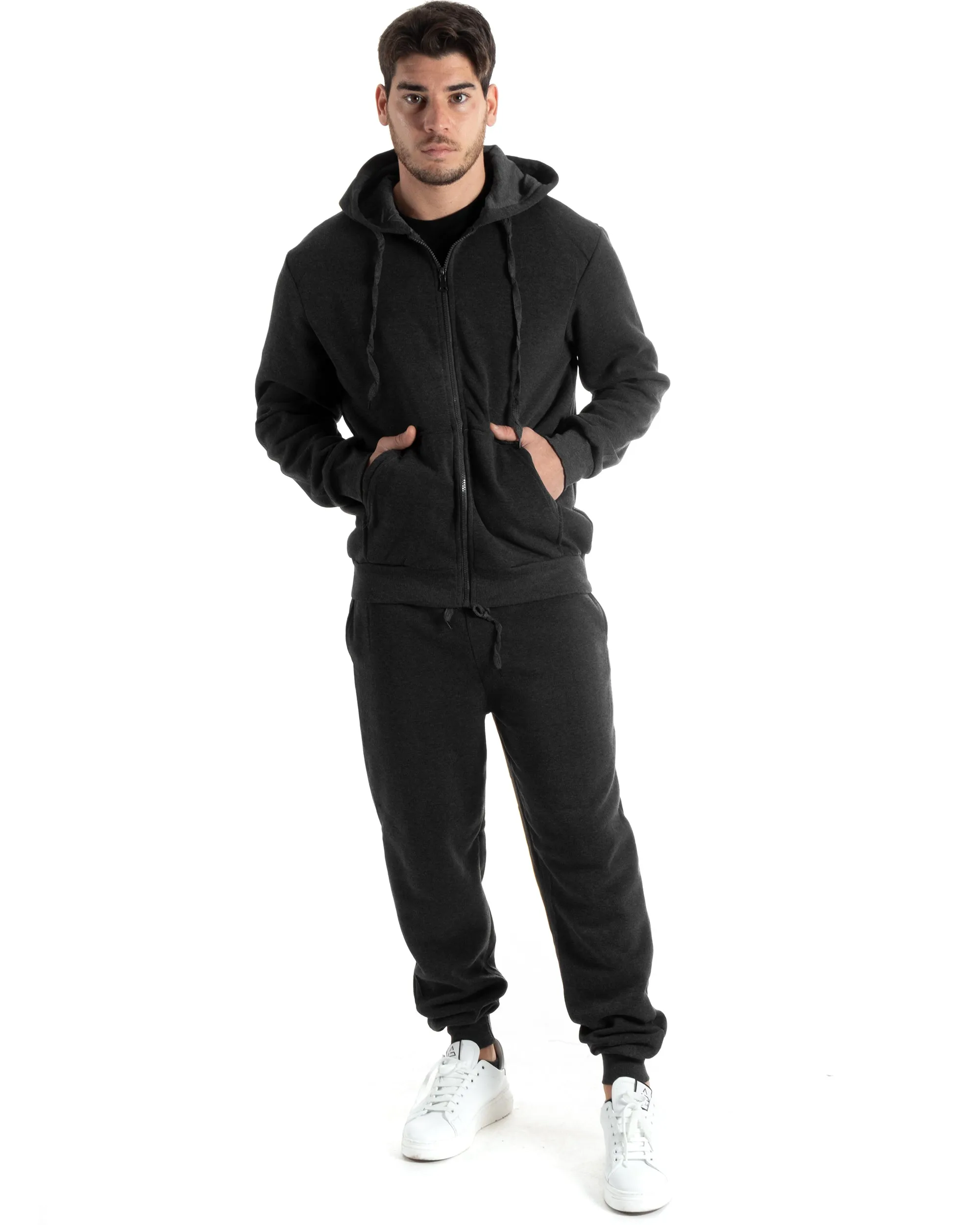 Completo Tuta Uomo Felpato Basic Felpa Con Cappuccio Zip Pantalaccio Tinta Unita Grigio Scuro GIOSAL-OU2438A