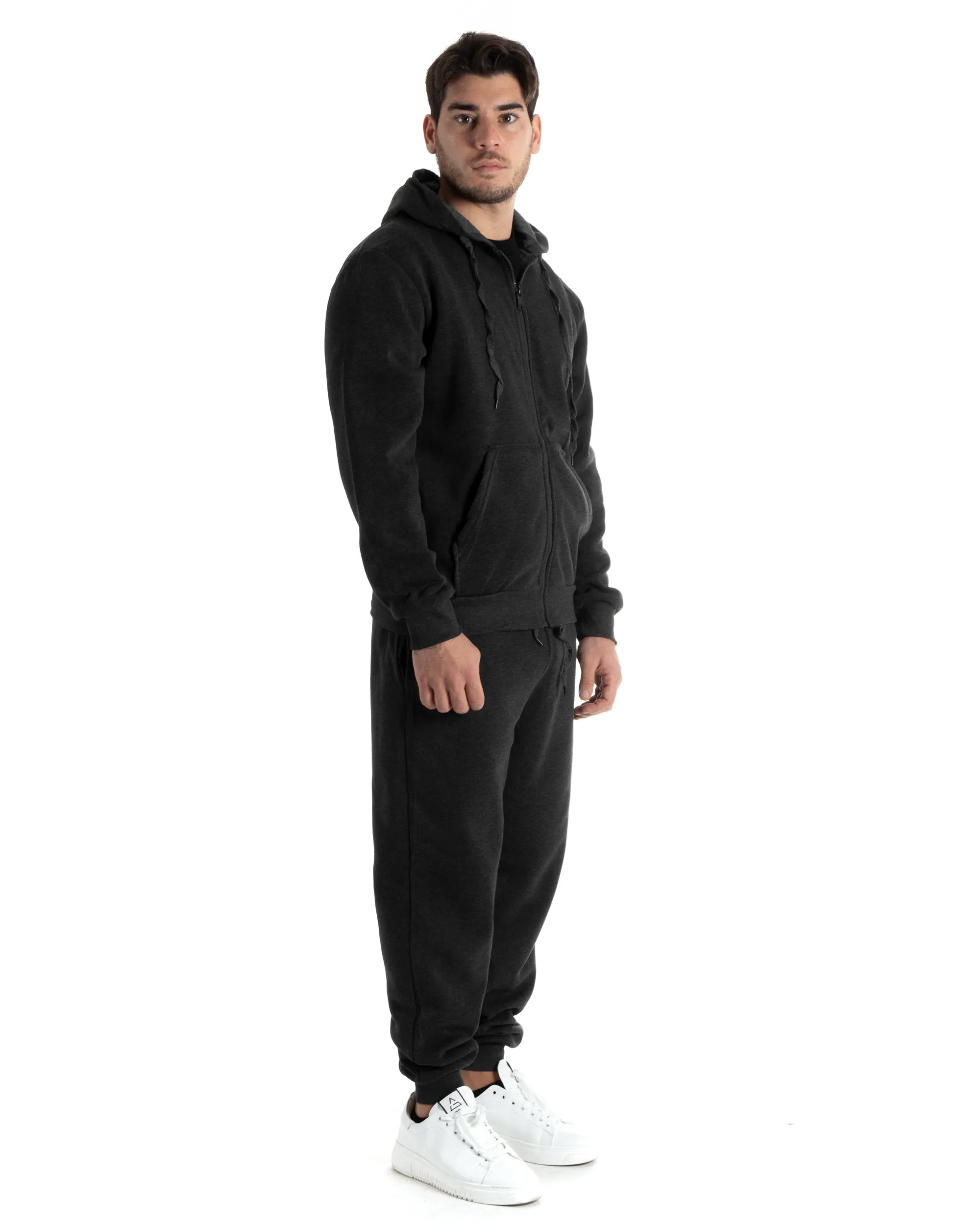 Completo Tuta Uomo Felpato Basic Felpa Con Cappuccio Zip Pantalaccio Tinta Unita Grigio Scuro GIOSAL-OU2438A