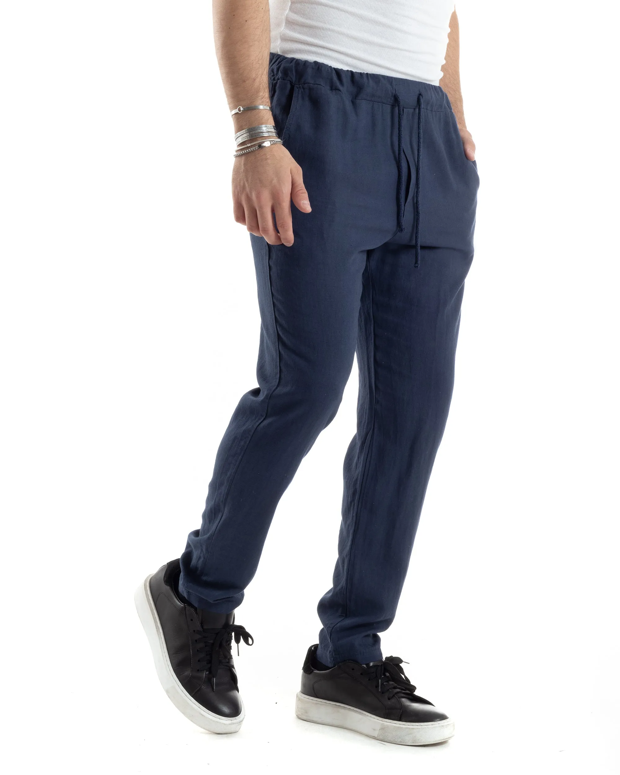 Pantaloni Uomo Lino Pantalaccio Lungo Elastico Regular Fit Tinta Unita Blu Casual GIOSAL-P6099A