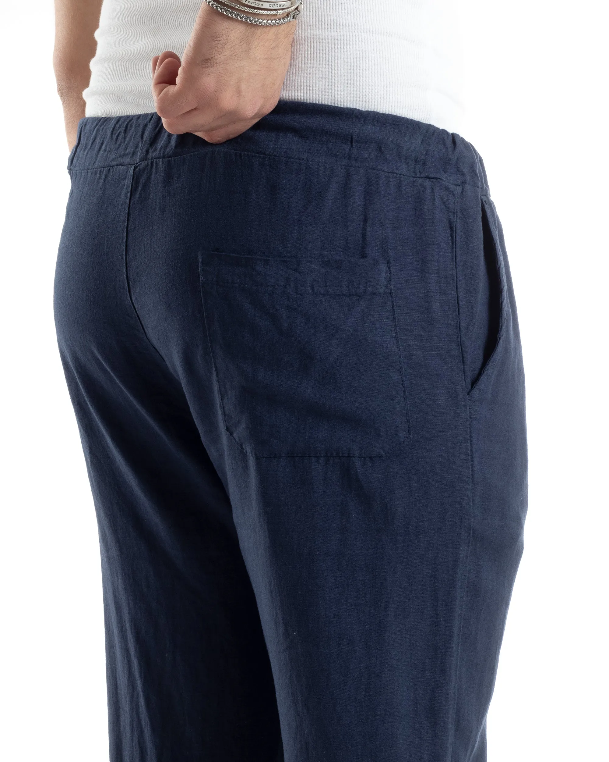 Pantaloni Uomo Lino Pantalaccio Lungo Elastico Regular Fit Tinta Unita Blu Casual GIOSAL-P6099A