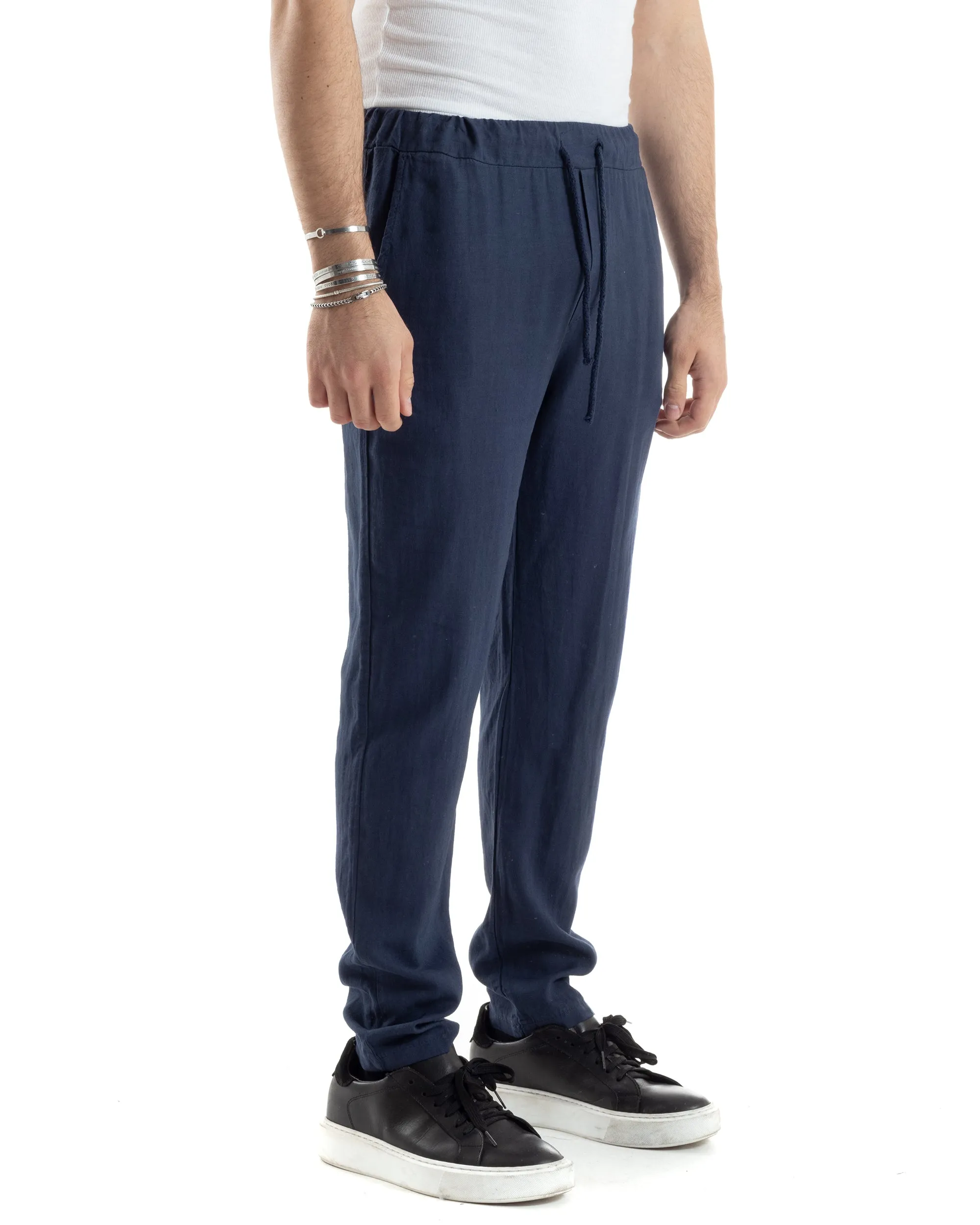 Pantaloni Uomo Lino Pantalaccio Lungo Elastico Regular Fit Tinta Unita Blu Casual GIOSAL-P6099A