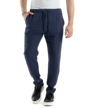 Pantaloni Uomo Lino Pantalaccio Lungo Elastico Regular Fit Tinta Unita Blu Casual GIOSAL-P6099A