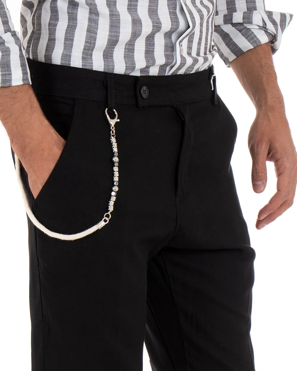 Pantaloni Uomo Lino Tasca America Abbottonatura Allungata Classico Elegante Nero GIOSAL-P5258A