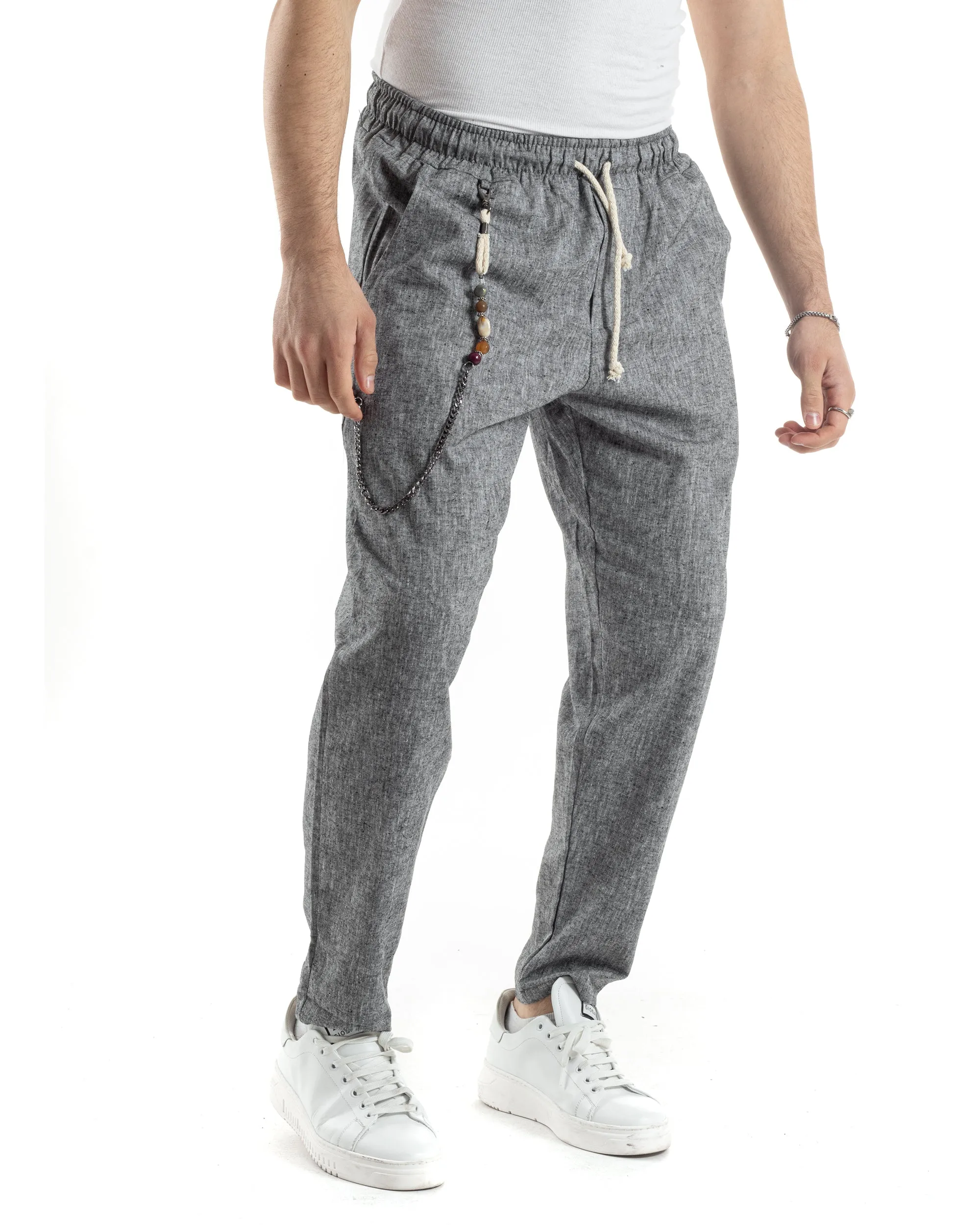 Pantaloni Uomo Pantalaccio Lino Jogger Elastico Sartoriale Casual Tinta Unita Nero Melangiato GIOSAL-P6068A